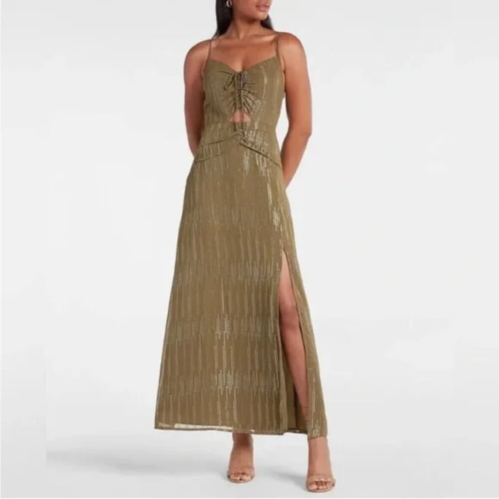 NWT Express Maxi Dress Women's Size XL Olive Green Metallic Cutout Ruched Front